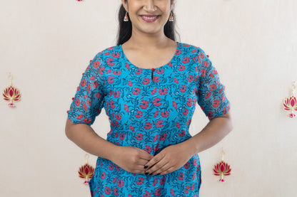 Floral blue chanderi kurta