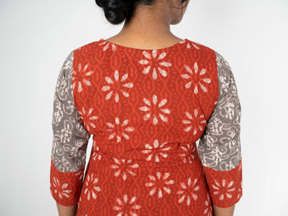 batik block print cotton red kurta back