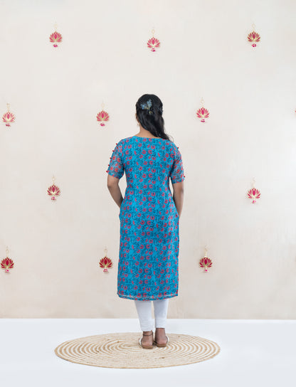 Floral blue chanderi kurta