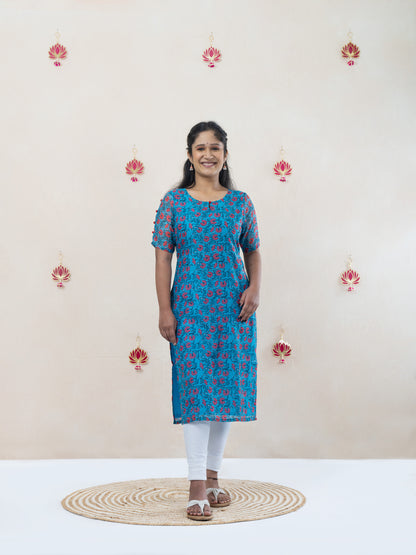 Floral blue chanderi kurta