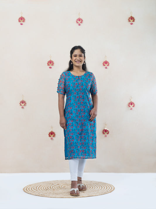 Floral blue chanderi kurta