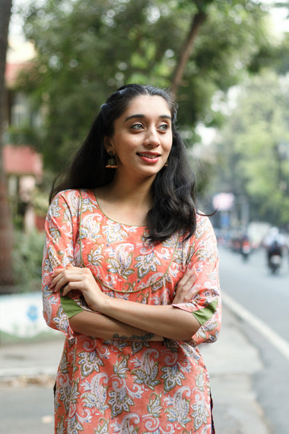 Kesariya block printed kurta