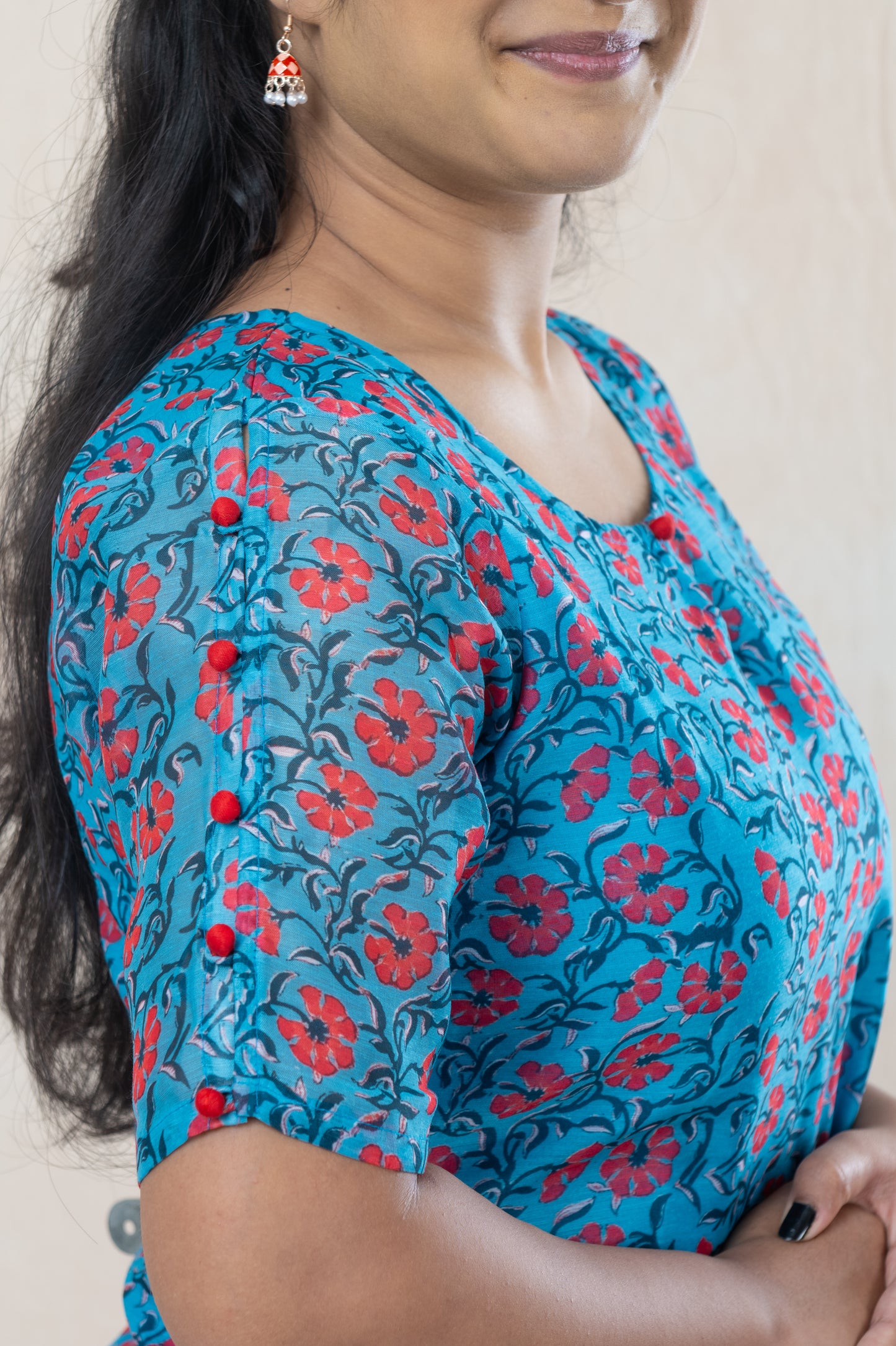 Floral blue chanderi kurta