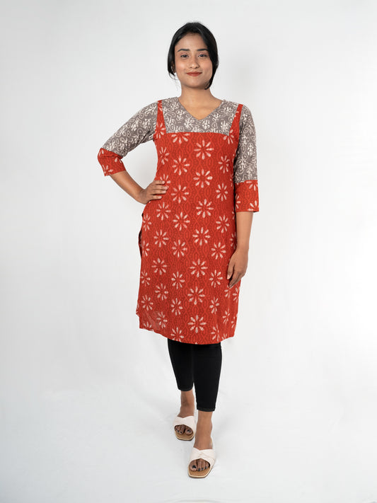 batik block print cotton red kurta 