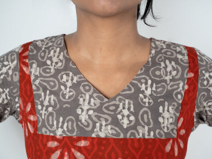 batik block print cotton red kurta yoke