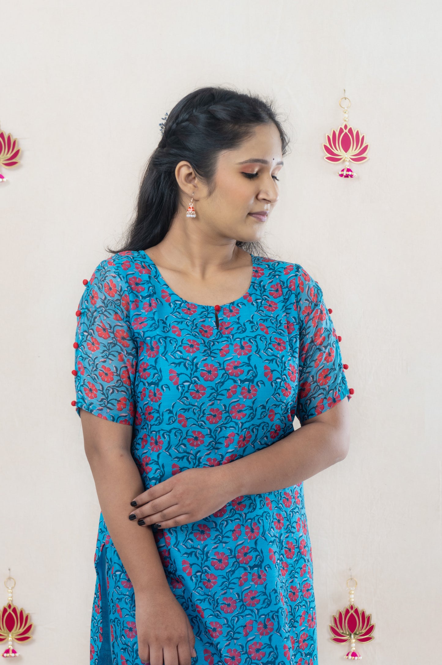 Floral blue chanderi kurta