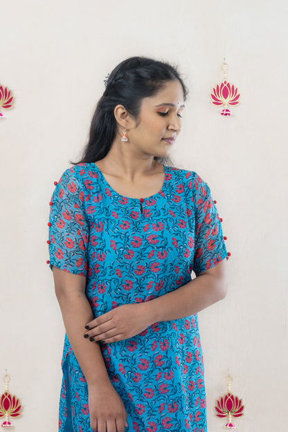 Floral blue chanderi kurta