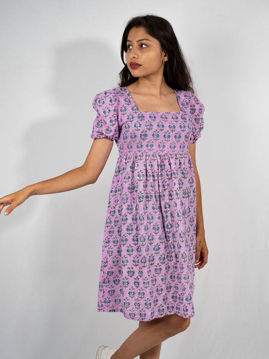 gathered kneelength purple dress with puffed sleeves 