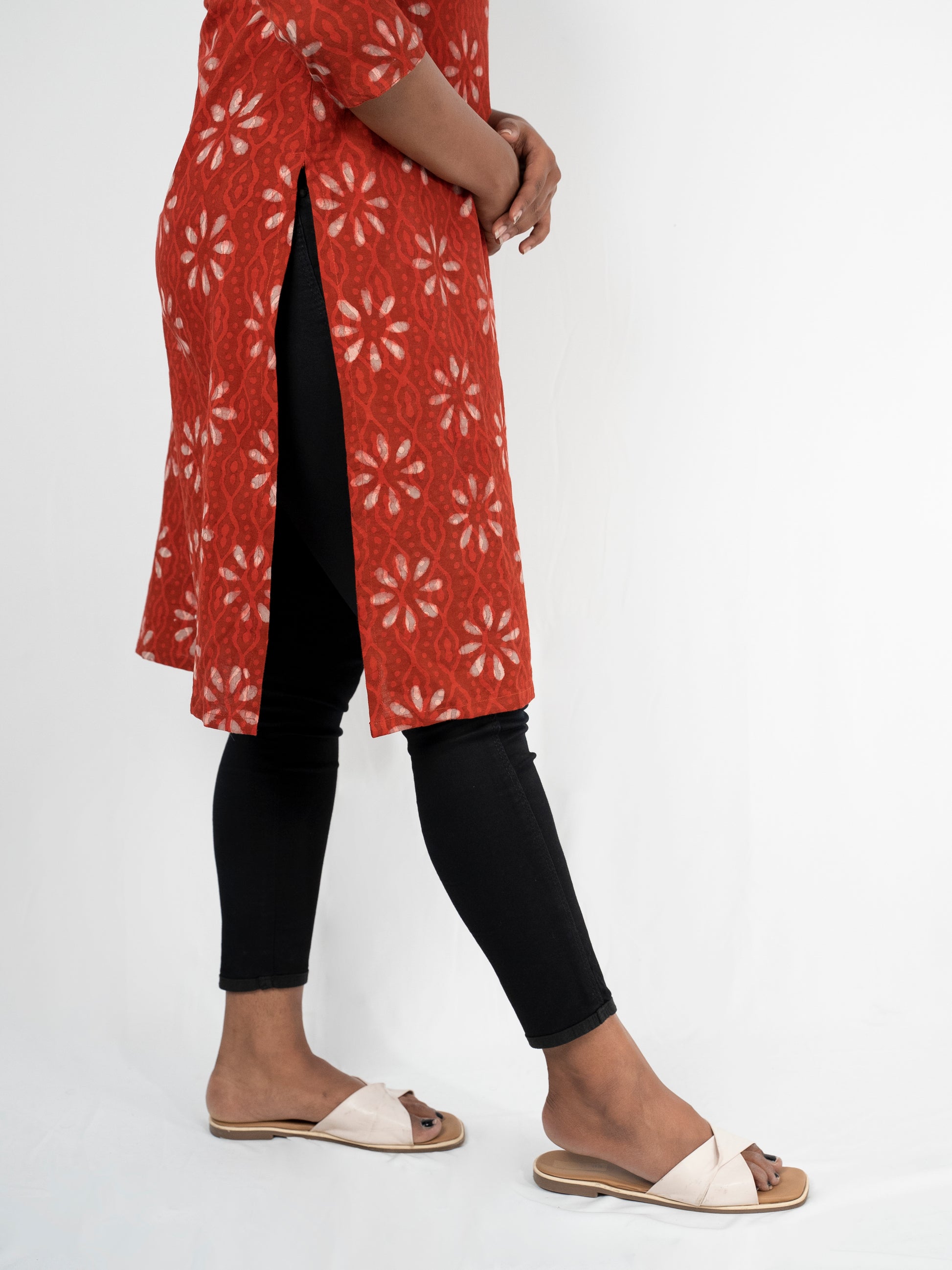 batik block print cotton red kurta 