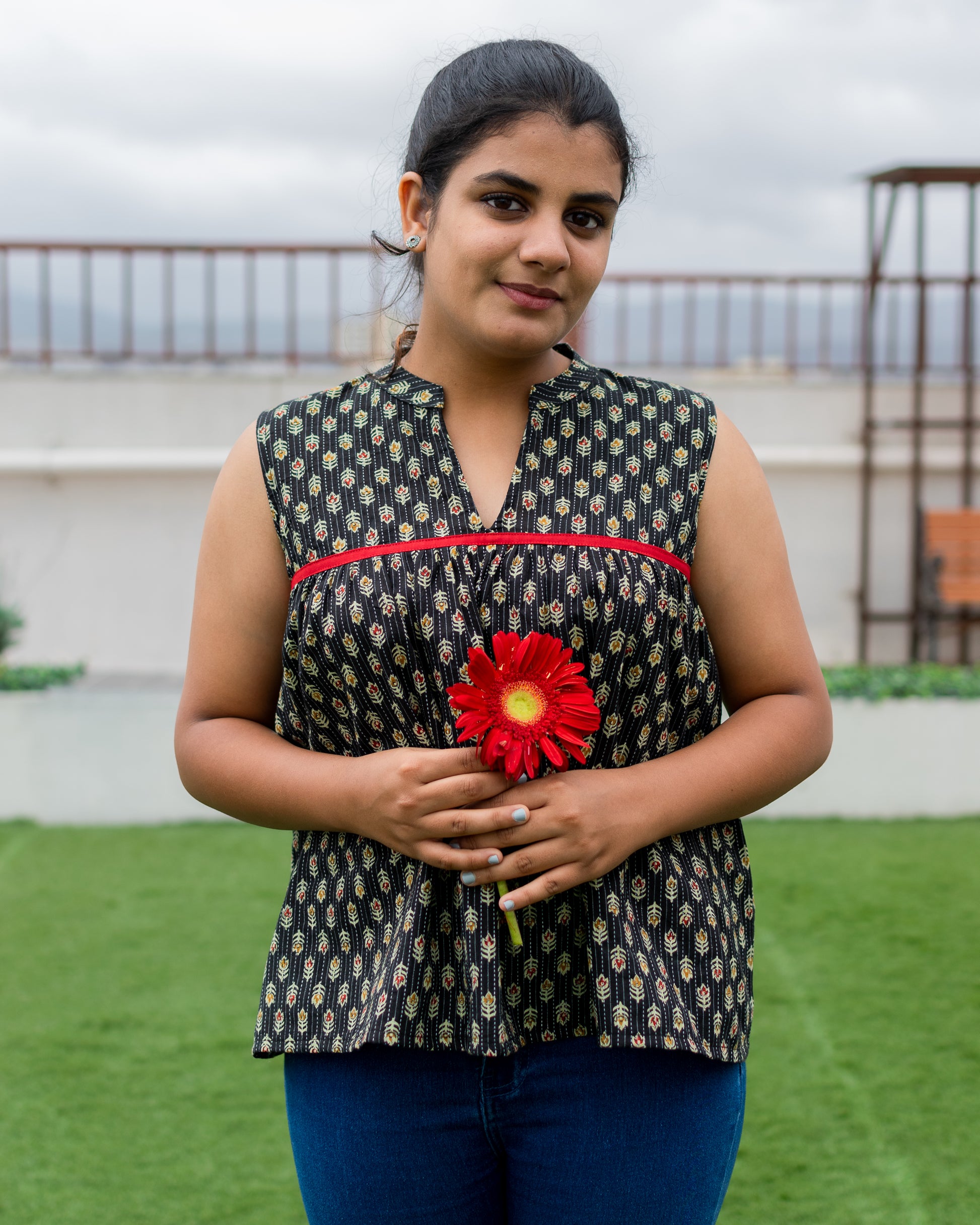 Kantha fabric collared formal wear top