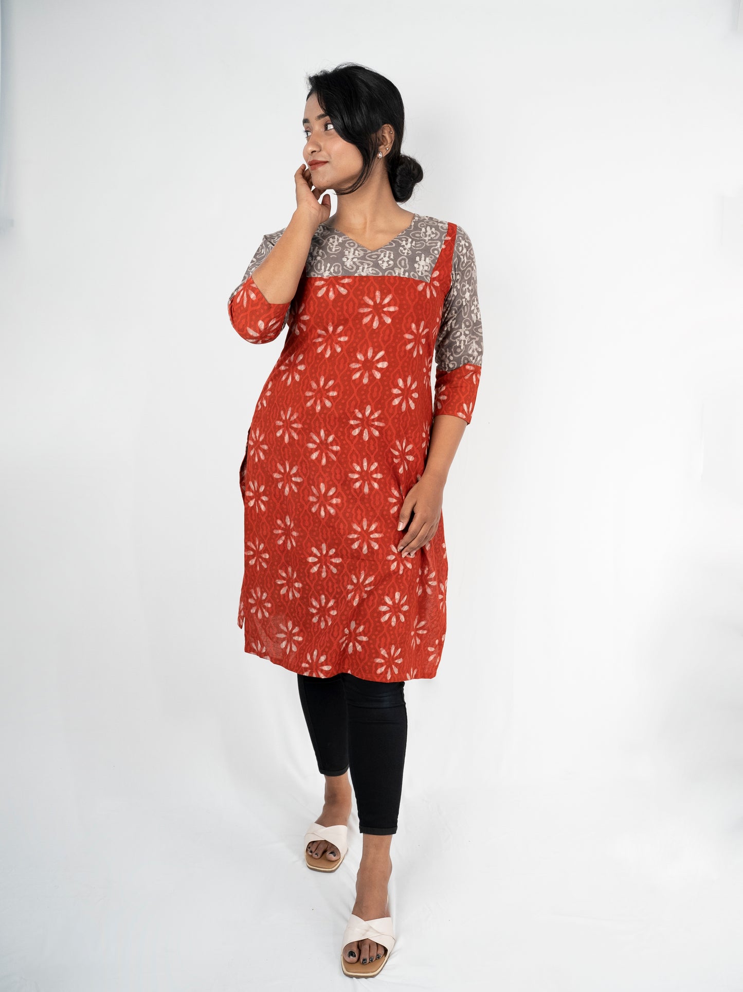 batik block print cotton red kurta 