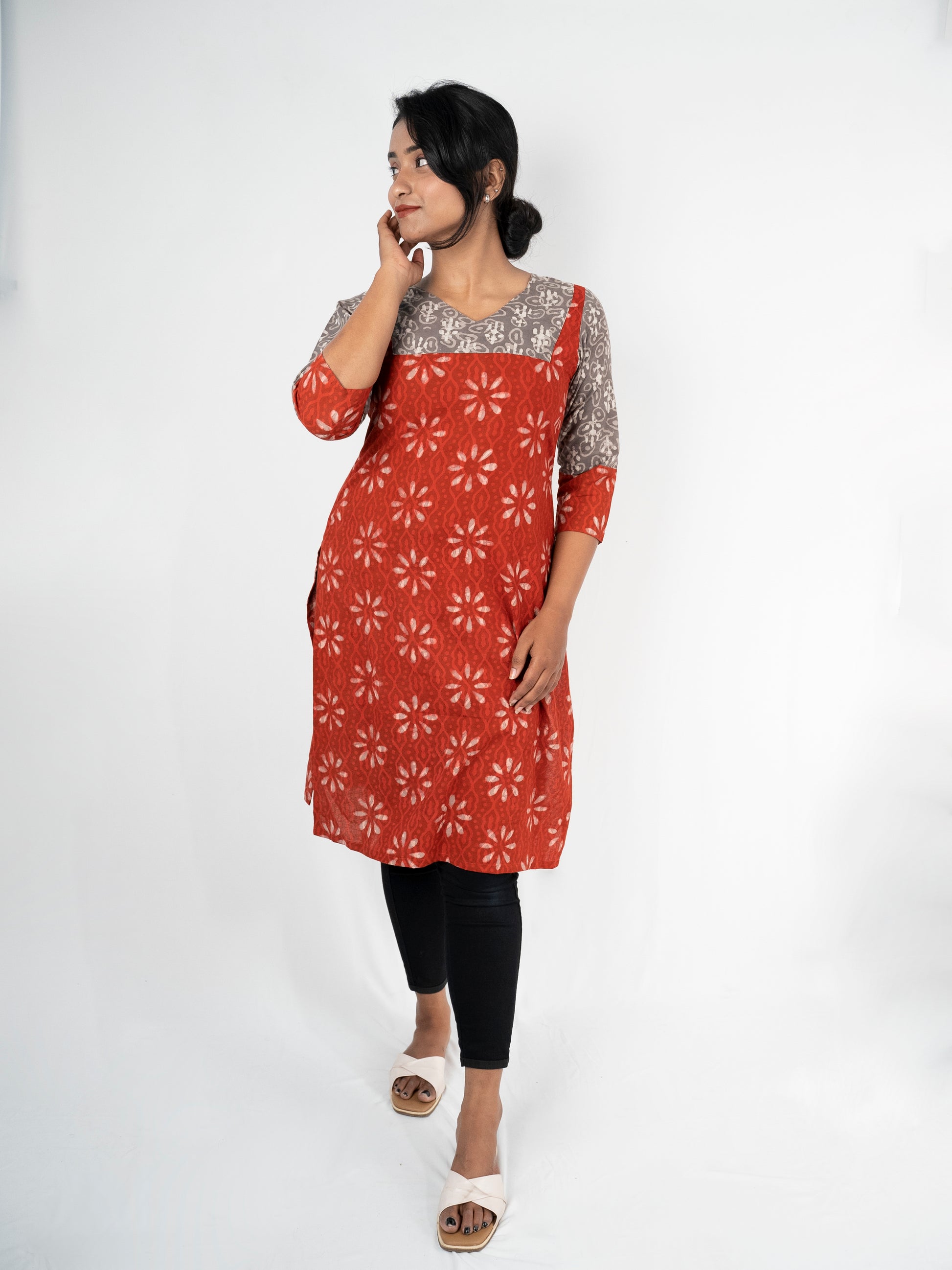 batik block print cotton red kurta 